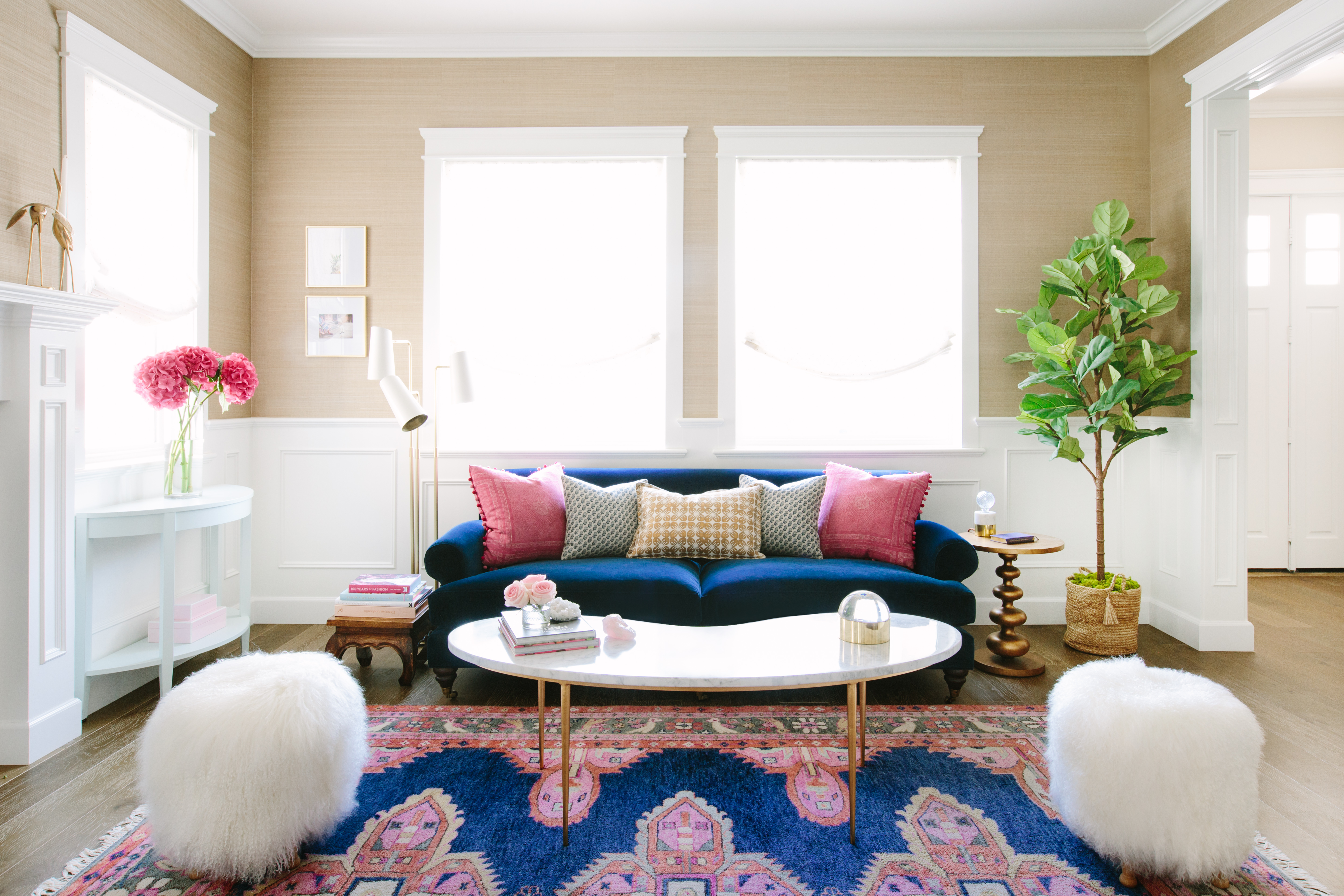 Navy and pink, living room with kismet rug by Los Angeles and Fort Worth Based interior designer Jessica McClendon