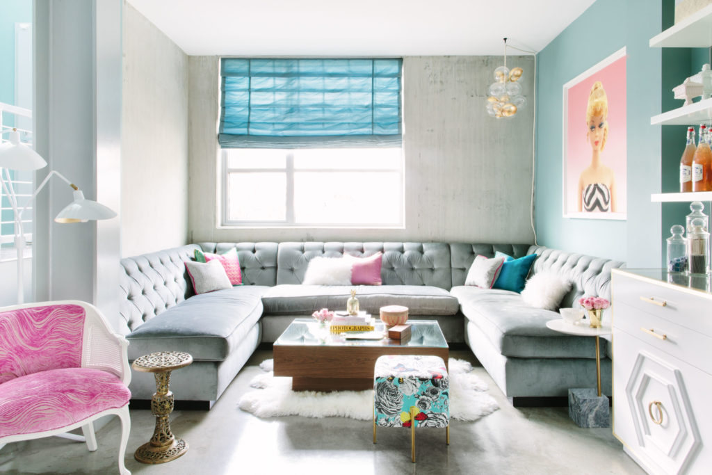 How to create a cohesive design blue and pink color palette living room tufted sectional  