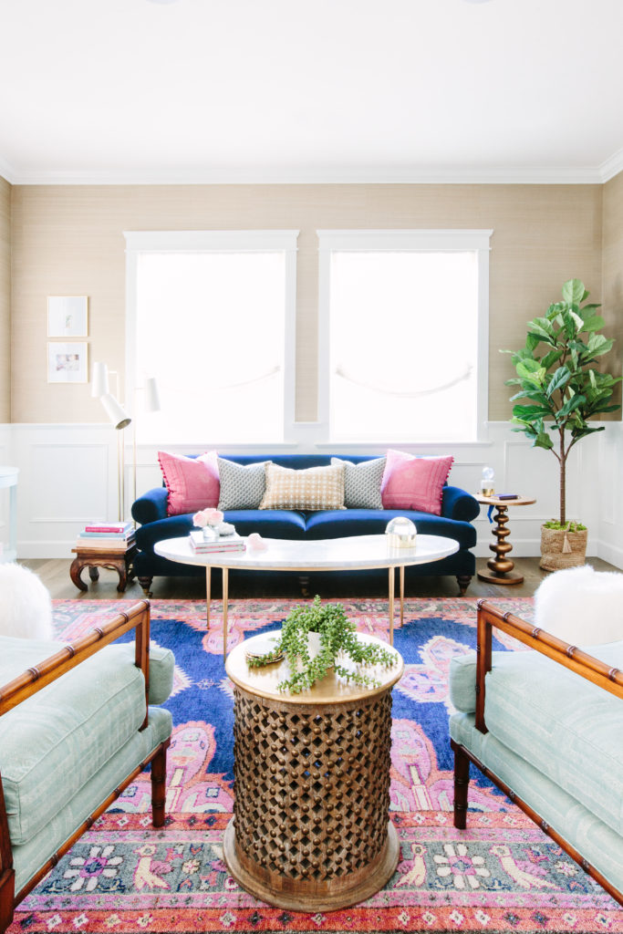 Navy Sofa | Caitlin Wilson Navy Kismet Rug | Glamour Nest Interior Design Los Angeles | Fort Worth interior designer