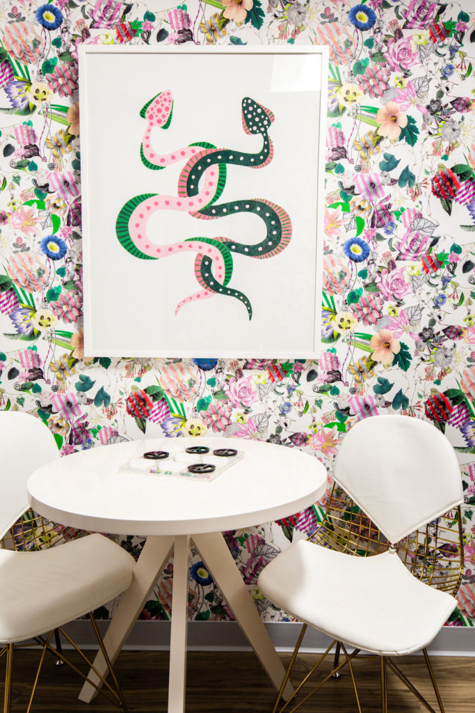 How to Achieve the Casual Glamour Look floral wallpaper kitchen Willa Heart snake print gold and white kitchen chairs